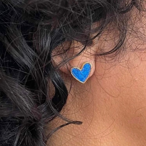 Sapphire Blue Heart Earrings in Gold Tone Frame - Picture 2 of 14